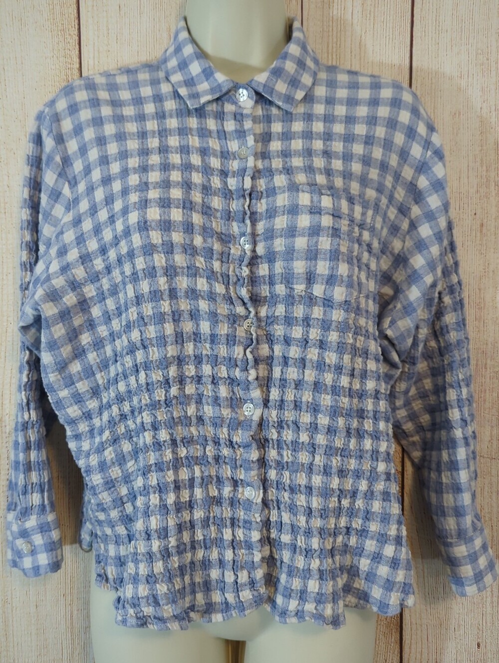 Hatch Smocked Long Sleeve Blue & White Gingham Button Down Blouse